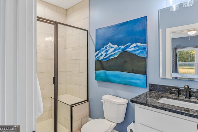 bathroom featuring toilet, vanity, and walk in shower