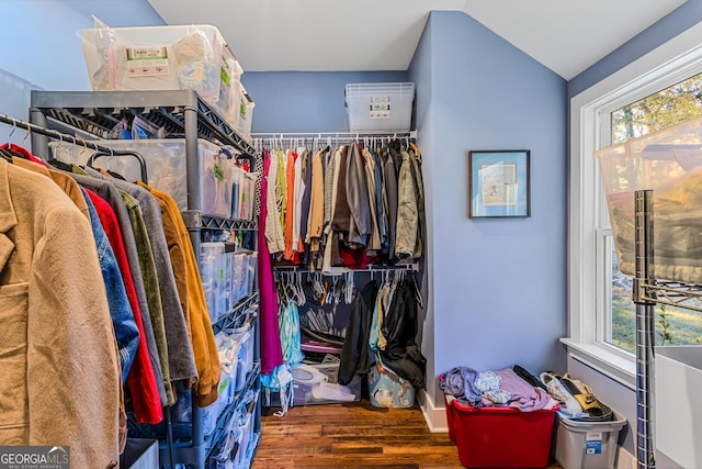 spacious closet featuring vaulted ceiling and dark hardwood / wood-style floors