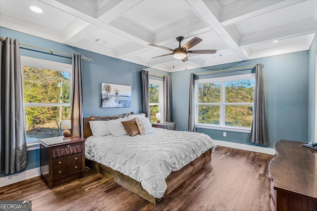 bedroom with hardwood / wood-style floors, multiple windows, coffered ceiling, and ceiling fan