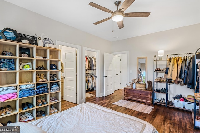 bedroom featuring ceiling fan, a spacious closet, dark wood-type flooring, and a closet