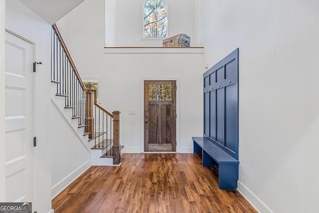 entrance foyer featuring a towering ceiling and dark wood-type flooring