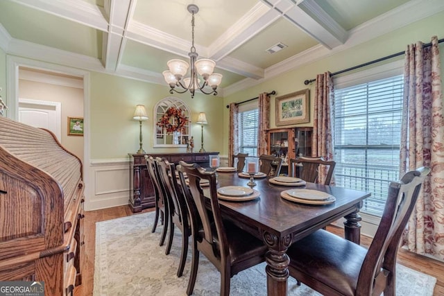 dining room featuring coffered ceiling, crown molding, beam ceiling, a chandelier, and light hardwood / wood-style floors