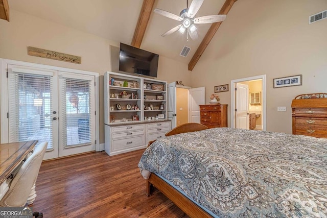 bedroom featuring access to exterior, french doors, dark hardwood / wood-style flooring, ensuite bathroom, and ceiling fan