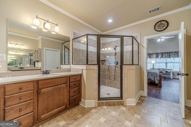 bathroom with an enclosed shower, wood-type flooring, and crown molding