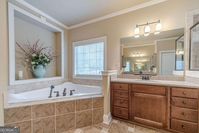 bathroom featuring vanity, a relaxing tiled tub, and ornamental molding