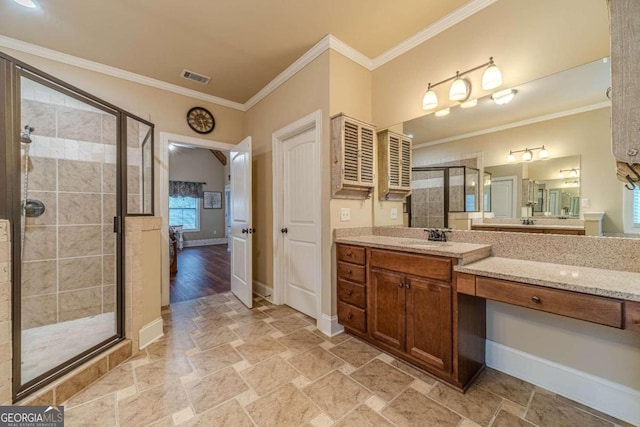 bathroom featuring vanity, wood-type flooring, an enclosed shower, and ornamental molding