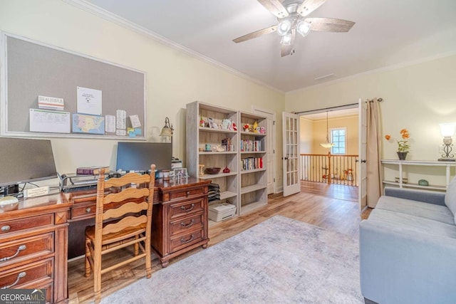 office area with ceiling fan, light hardwood / wood-style floors, and ornamental molding