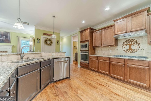 kitchen featuring sink, light hardwood / wood-style flooring, ornamental molding, decorative light fixtures, and stainless steel appliances