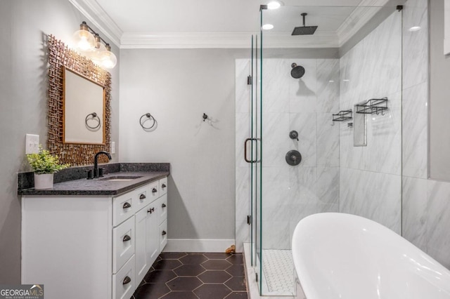 bathroom featuring tile patterned flooring, a shower with door, and ornamental molding