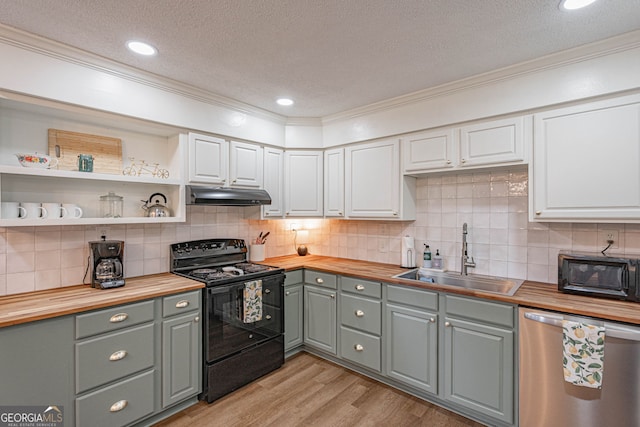 115 Lucian Cir, Savannah, GA 31406 - kitchen featuring butcher block countertops, electric range, stainless steel dishwasher, ornamental molding, and a textured ceiling