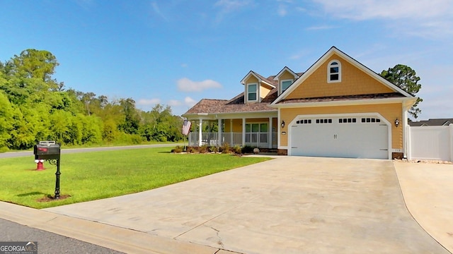 view of front of house featuring covered porch, a garage, and a front lawn