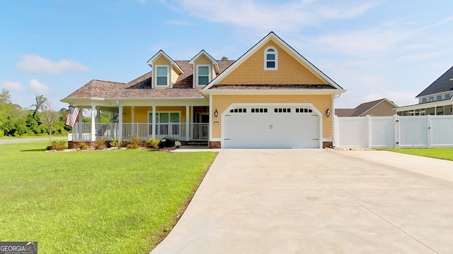 view of front of house with covered porch, a garage, and a front yard