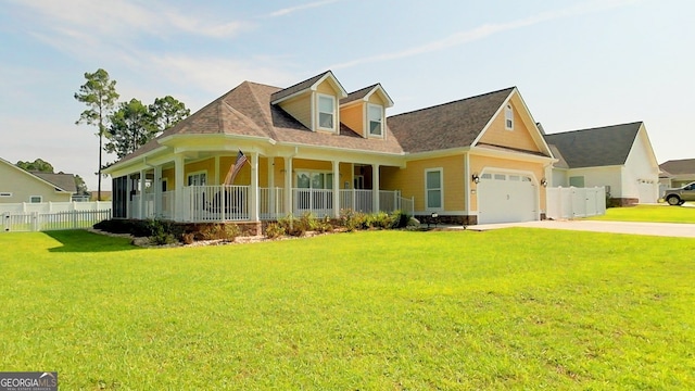 view of front facade with a porch, a garage, and a front yard