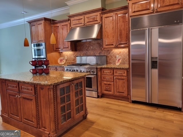 kitchen featuring crown molding, light hardwood / wood-style flooring, and premium appliances