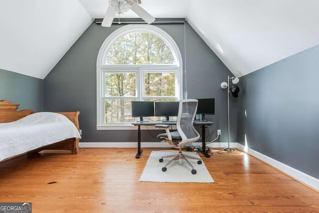 bedroom featuring light hardwood / wood-style flooring and vaulted ceiling