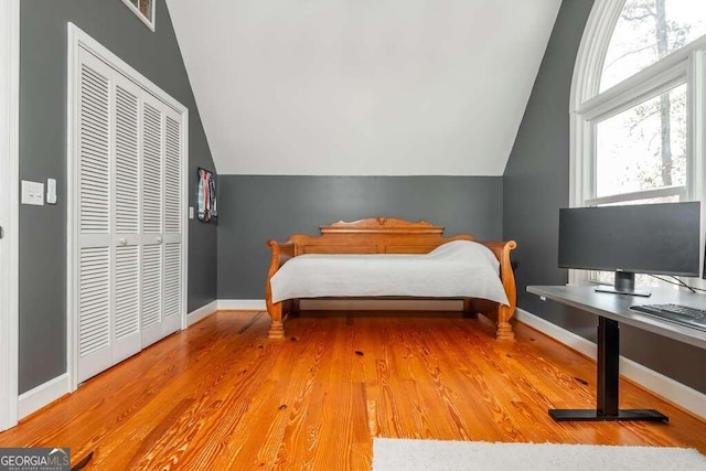 bedroom featuring multiple windows, hardwood / wood-style floors, and vaulted ceiling