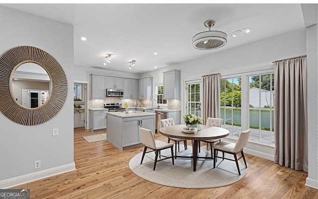 dining space featuring sink and light hardwood / wood-style flooring