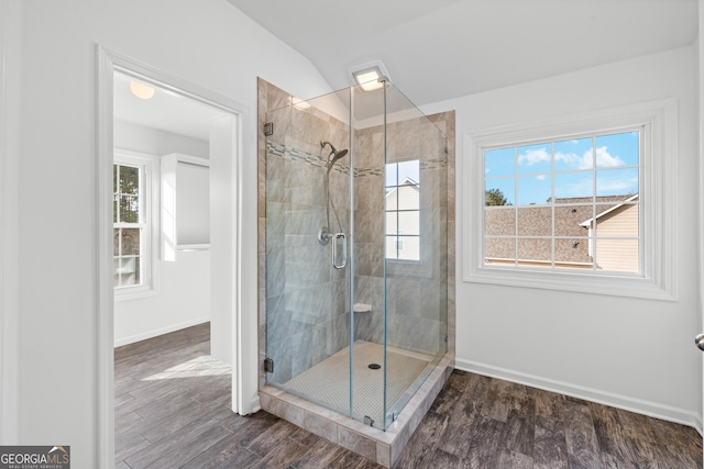 bathroom featuring wood-type flooring, an enclosed shower, and a wealth of natural light