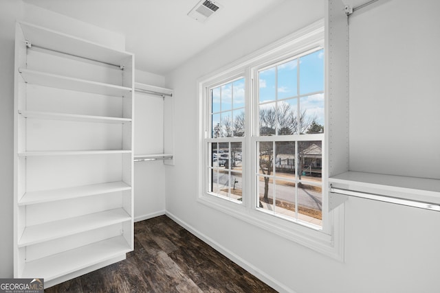 spacious closet with dark hardwood / wood-style floors