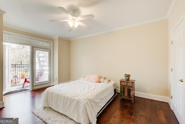 bedroom with access to exterior, ceiling fan, dark hardwood / wood-style flooring, and ornamental molding