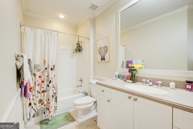 full bathroom featuring tile patterned flooring, vanity, shower / bath combo with shower curtain, and crown molding