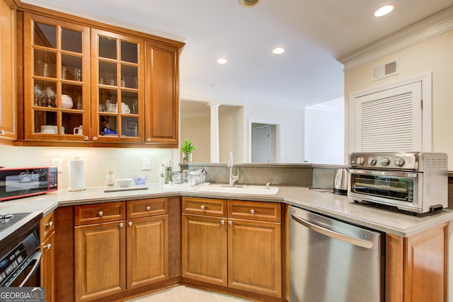 kitchen with black appliances, ornamental molding, and sink