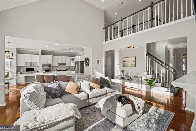 living room featuring crown molding, sink, a towering ceiling, and dark hardwood / wood-style floors