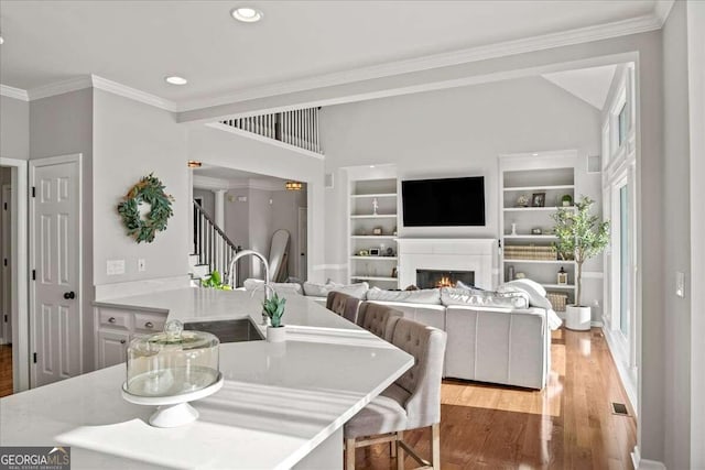 interior space with crown molding, sink, light hardwood / wood-style floors, and built in features