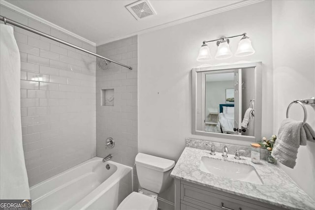 full bathroom with vanity, toilet, crown molding, and shower / tub combo with curtain