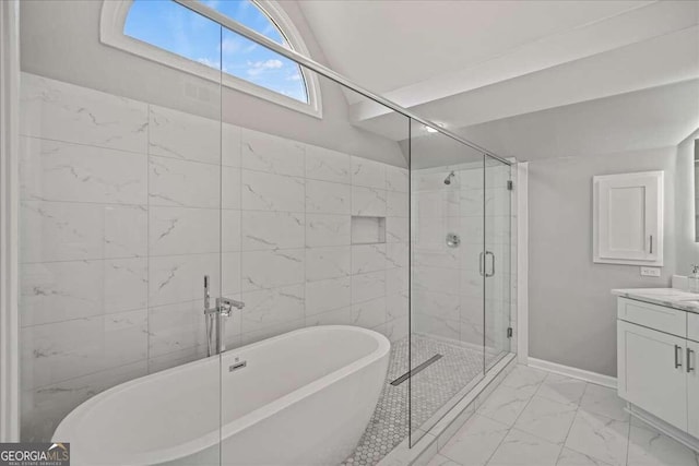 bathroom featuring vanity, lofted ceiling, and shower with separate bathtub