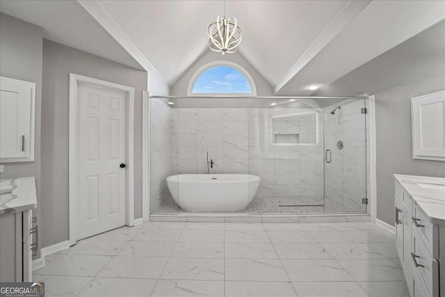 bathroom with vanity, independent shower and bath, and lofted ceiling