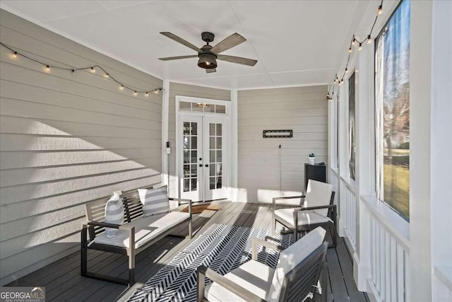 exterior space featuring ceiling fan and french doors