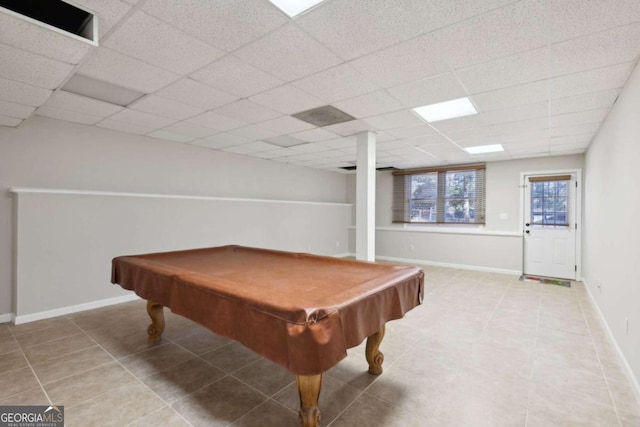 game room featuring a drop ceiling and billiards