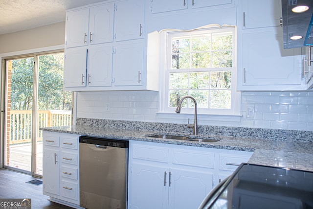 kitchen with white cabinetry, stainless steel dishwasher, plenty of natural light, and sink