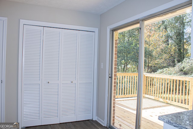 entryway with dark hardwood / wood-style flooring and a textured ceiling