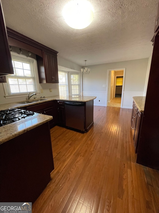 kitchen with dishwasher, decorative light fixtures, light hardwood / wood-style flooring, and a healthy amount of sunlight