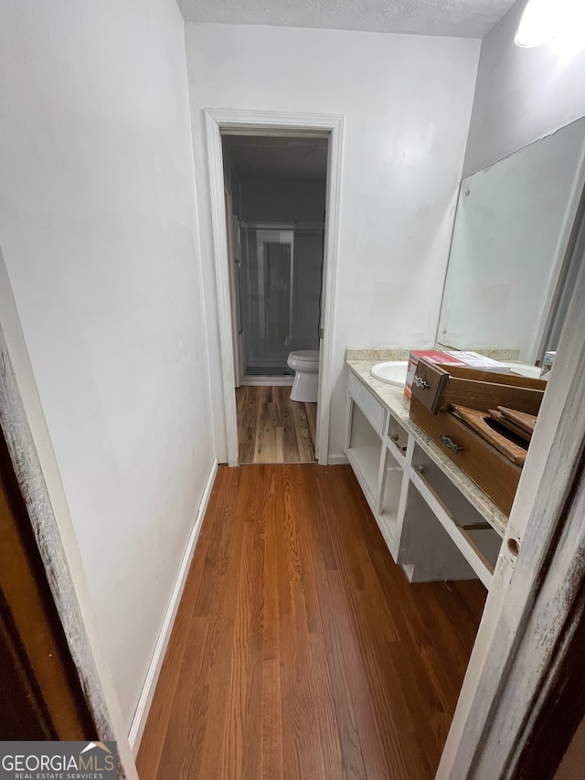 bathroom featuring vanity, toilet, and wood-type flooring