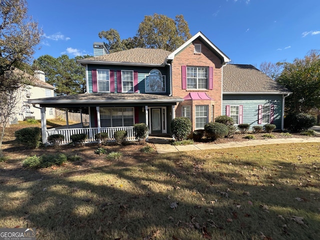 view of front of house with covered porch and a front yard