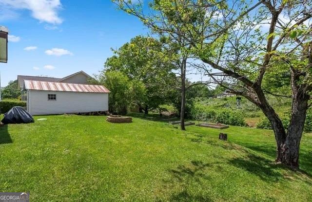 view of yard with a fire pit and an outbuilding