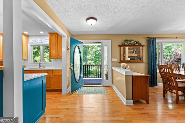 entryway with a textured ceiling, a healthy amount of sunlight, light wood-type flooring, and sink