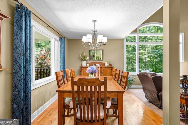 dining room featuring an inviting chandelier, a healthy amount of sunlight, a textured ceiling, and light wood-type flooring