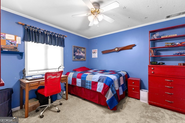 carpeted bedroom featuring ceiling fan, a textured ceiling, and ornamental molding