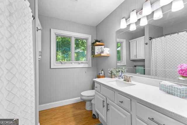 bathroom with hardwood / wood-style flooring, vanity, toilet, and a textured ceiling