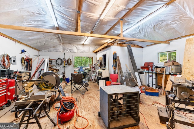 misc room featuring a workshop area and light hardwood / wood-style floors