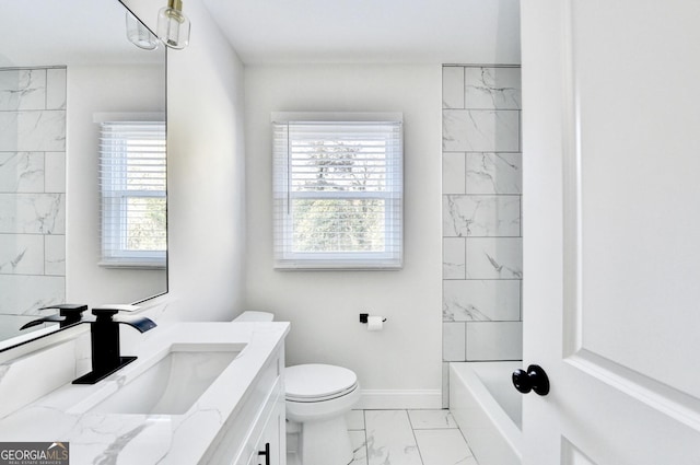 full bathroom with vanity, plenty of natural light, shower / bathing tub combination, and toilet