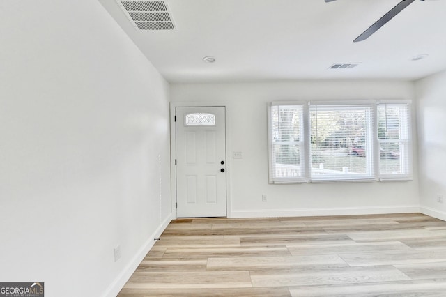 entryway featuring ceiling fan and light hardwood / wood-style floors