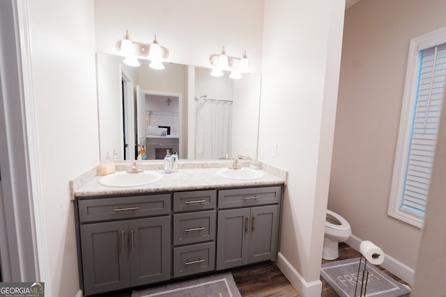 bathroom featuring vanity, wood-type flooring, and toilet