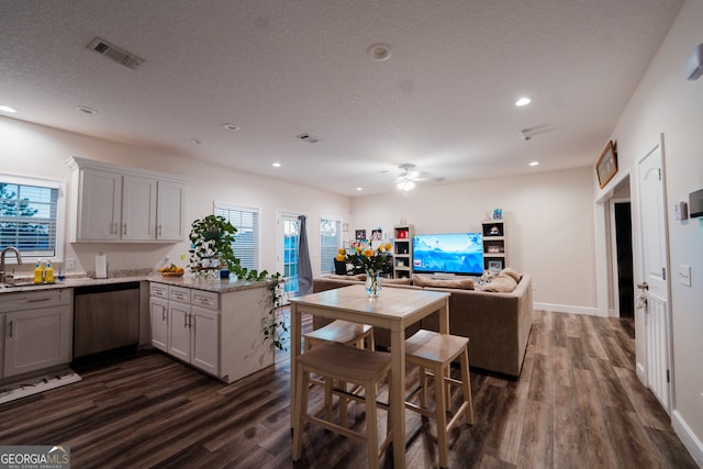 kitchen with a wealth of natural light, dishwasher, dark hardwood / wood-style floors, and sink