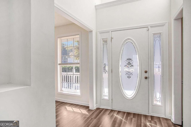 entryway with hardwood / wood-style flooring