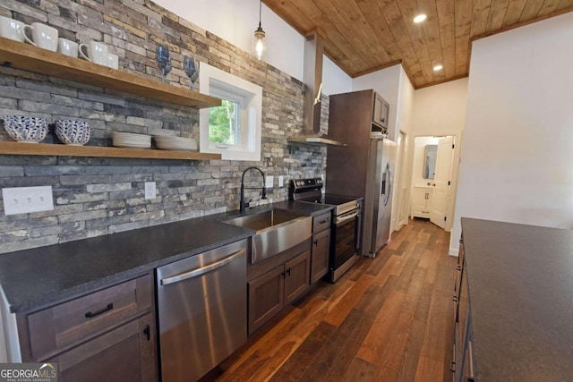 kitchen featuring sink, wood ceiling, dark wood-type flooring, backsplash, and stainless steel appliances